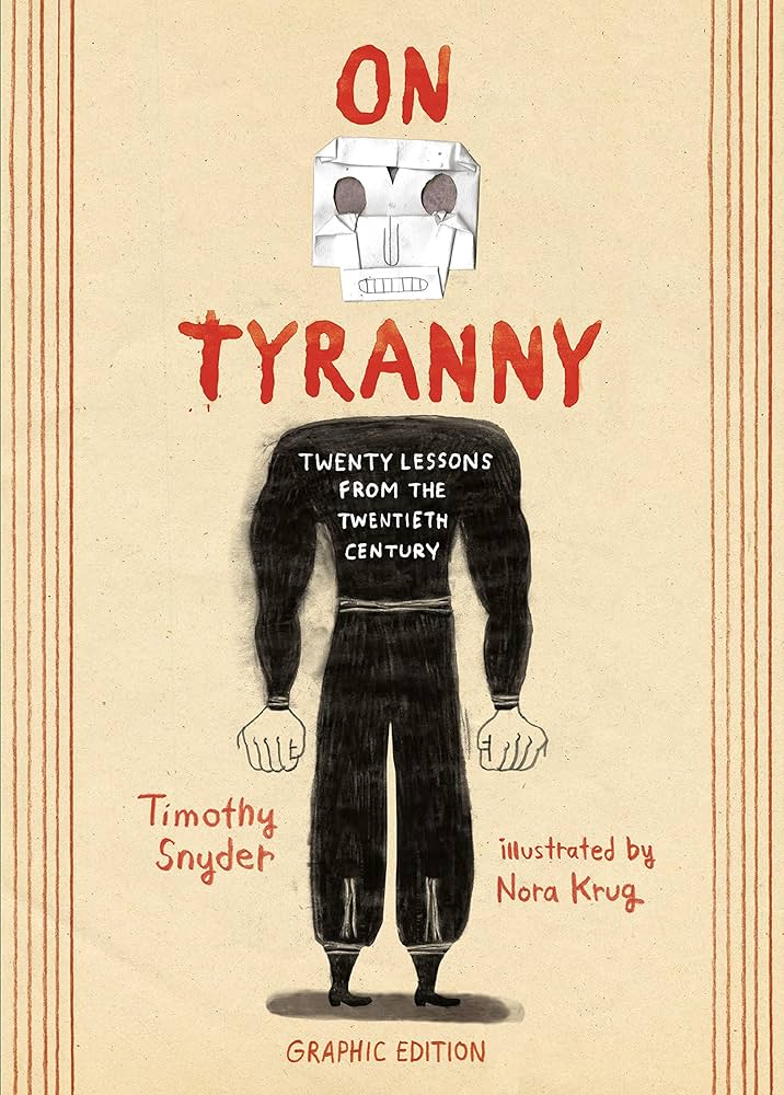 Yellow background of book cover. Body of man in the center that has a paper machie head.