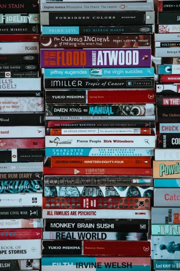 Spines of different mass-market paperbacks stacked on top of each other. 3 rows