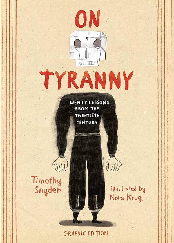 Yellow background of book cover. Body of man in the center that has a paper machie head.