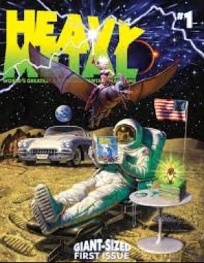 Surface of the mood with astronaut reading the magazine. Woman on flying creator behind. A 70's car is on the moon too.
