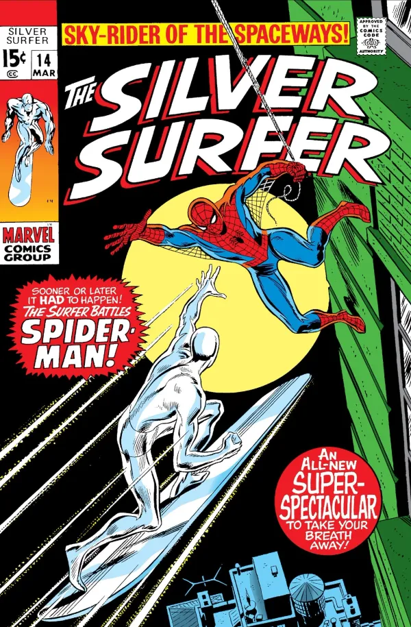 Comic book cover with silver surfer flying towards spider-man.